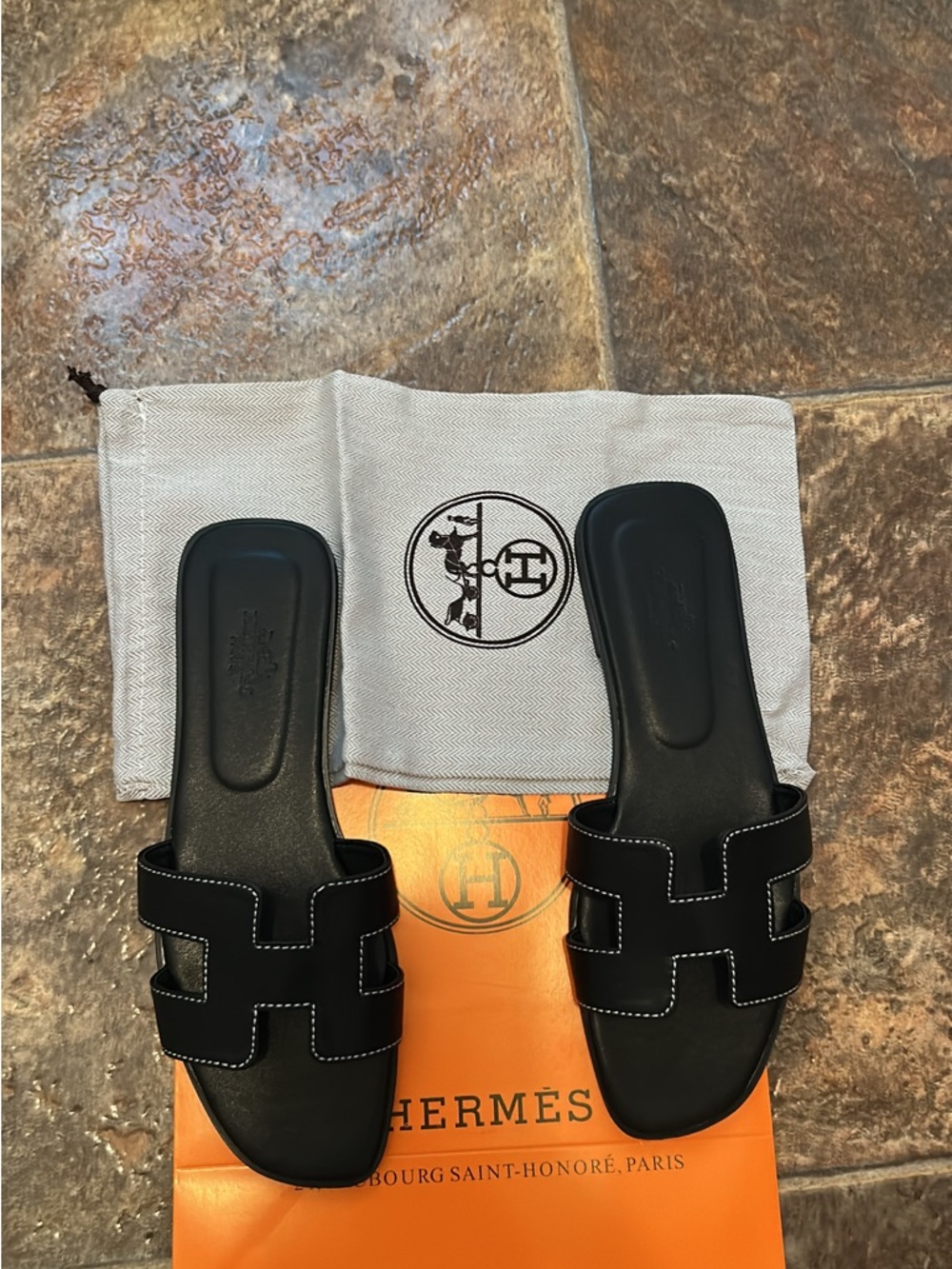 Women Black Oran Leather Hermes Slide Sandals